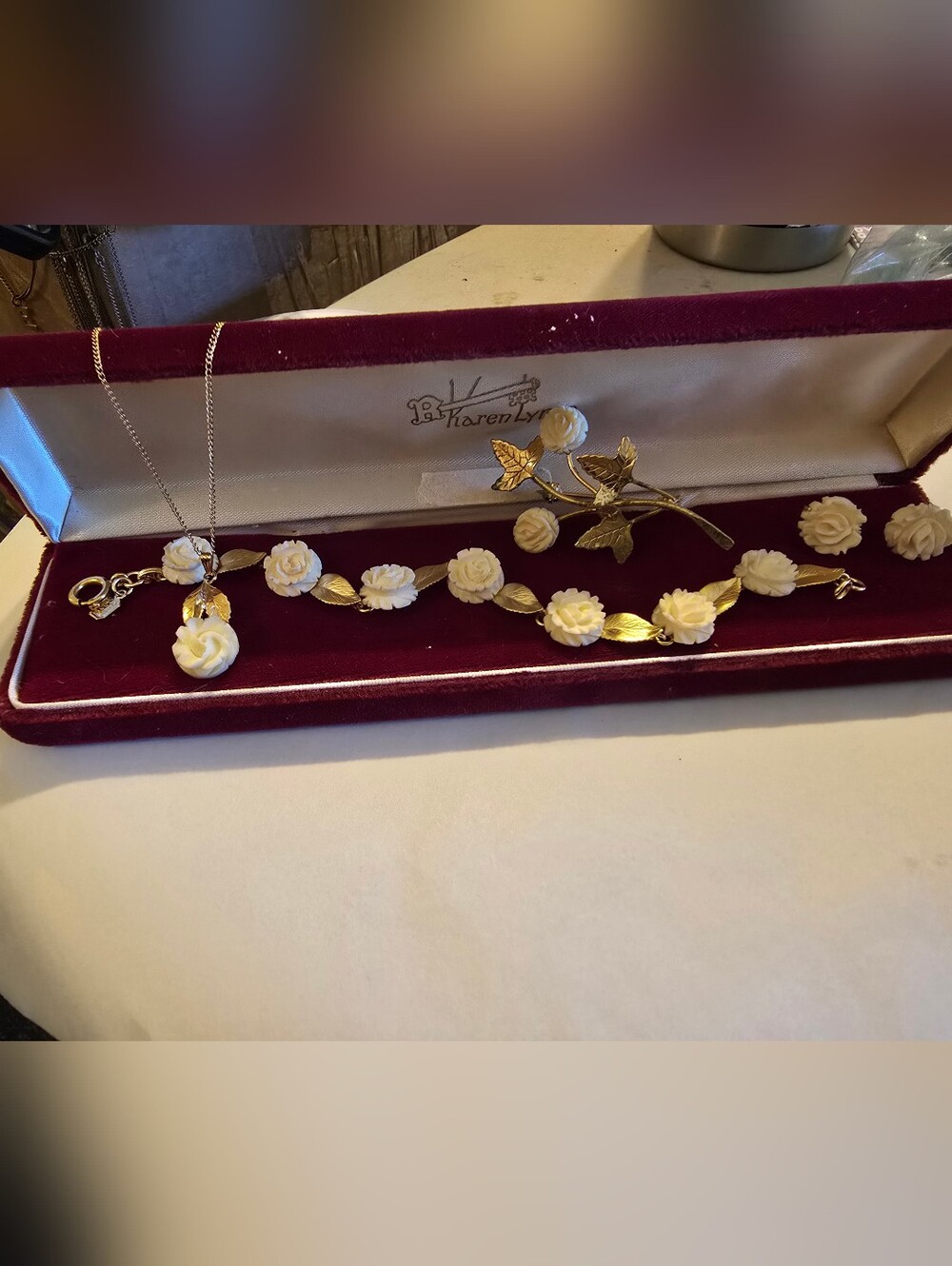 Karen Lynn Faux Ivory Rose 12K Gold Filled Bracelet & Necklace +Pin +earrings Vt